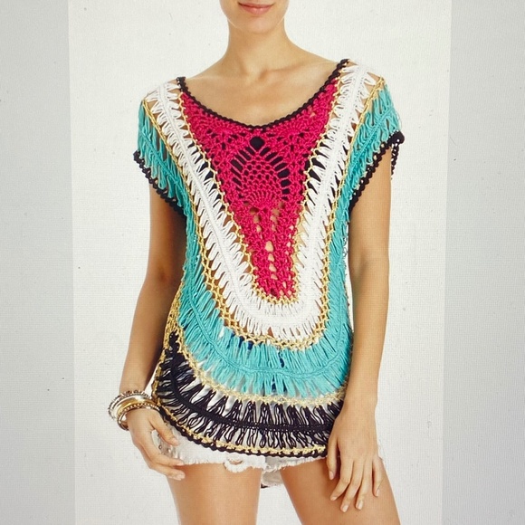 QUESTIONS BY SAY WHAT? Metallic Rainbow Crochet Boho Festival Top M - Picture 2 of 16